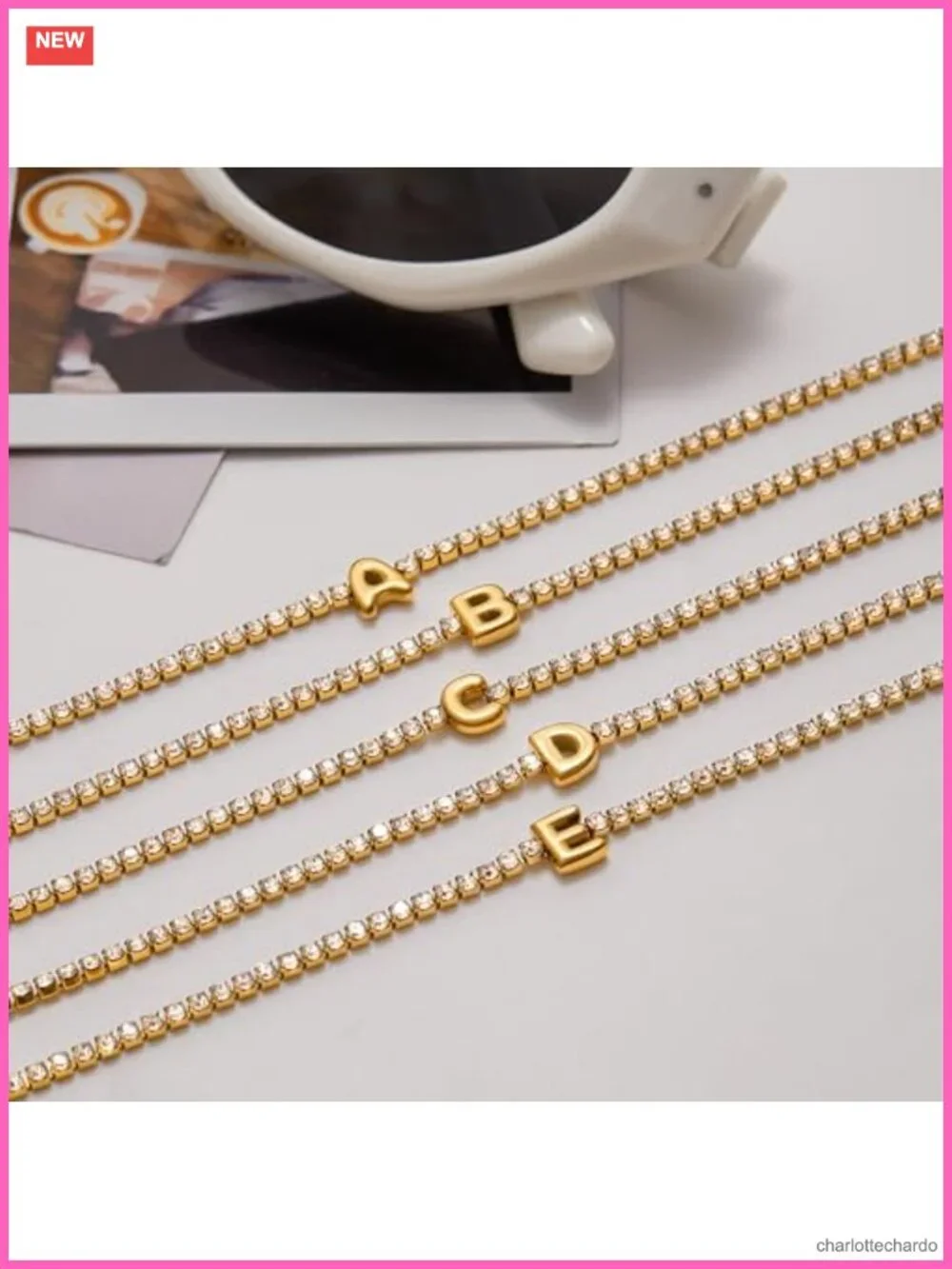 Gold Initial Charm Bracelet Link Rhinestone Women